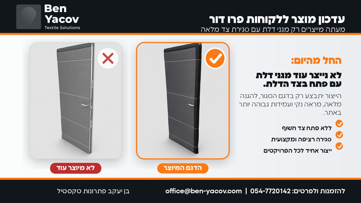 עדכון מוצר פרו דור: מעתה מייצרים רק מגני דלת עם סגירת צד מלאה